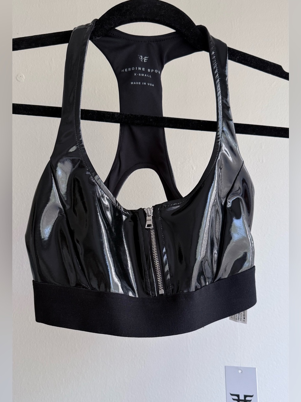 Heroine Sport Black Patent Front Zip Racerback Sports Bra
